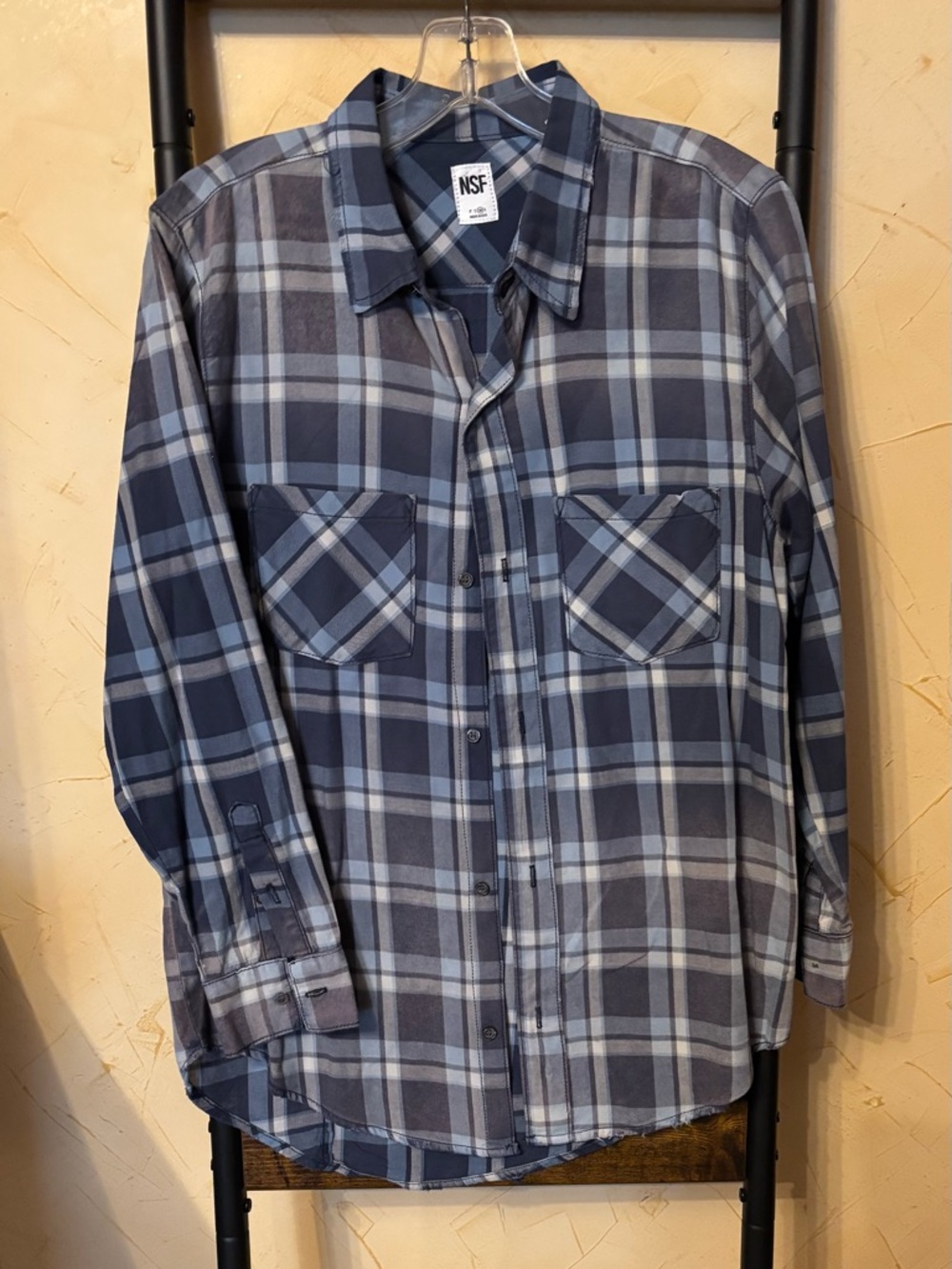 NSF Size M Navy and Light Blue Plaid Button-Down Shirt